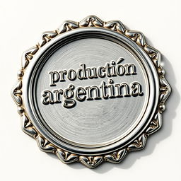 A detailed illustration of a silver seal, ornate and elegant, featuring the inscription "producción argentina" engraved prominently on its surface