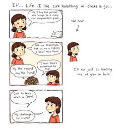 A one-page comic strip that tells the story of a girl whose religious beliefs significantly shape her life