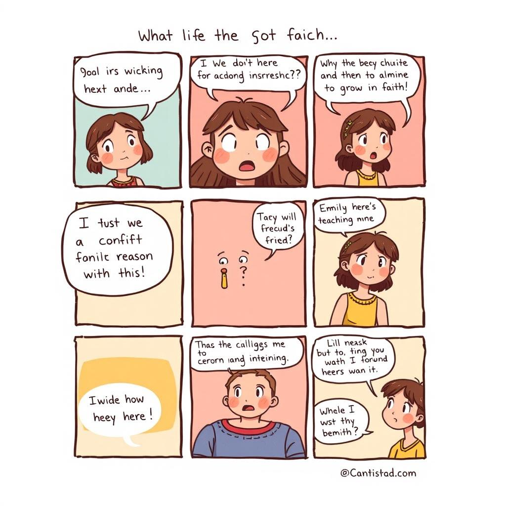 A one-page comic strip that tells the story of a girl whose religious beliefs significantly shape her life