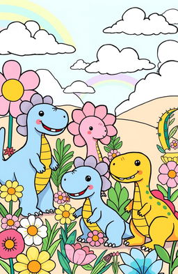 A playful and imaginative illustration featuring colorful and playful dinosaur characters in a dreamlike landscape