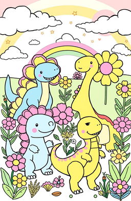 A playful and imaginative illustration featuring colorful and playful dinosaur characters in a dreamlike landscape