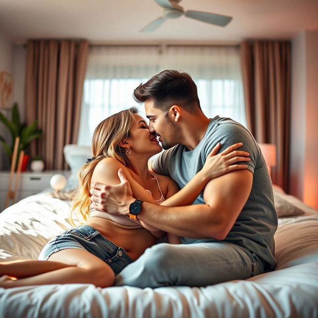 A fit, attractive young couple embracing in a passionate yet tasteful moment, showcasing their love and connection