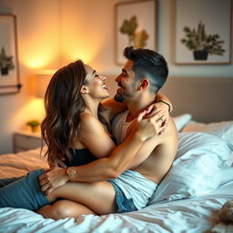 A fit, attractive young couple embracing in a passionate yet tasteful moment, showcasing their love and connection