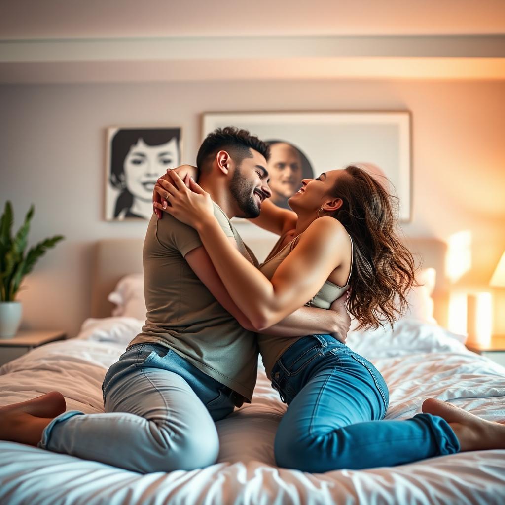 A fit, attractive young couple embracing in a passionate yet tasteful moment, showcasing their love and connection