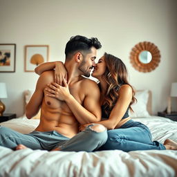 A fit, attractive young couple embracing in a passionate yet tasteful moment, showcasing their love and connection