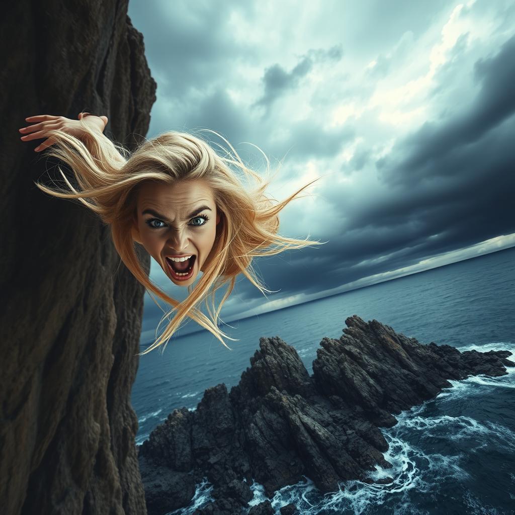 A dramatic scene of a beautiful blonde woman with long flowing hair, plummeting off a high cliff toward jagged rocks below