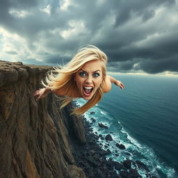 A dramatic scene of a beautiful blonde woman with long flowing hair, plummeting off a high cliff toward jagged rocks below
