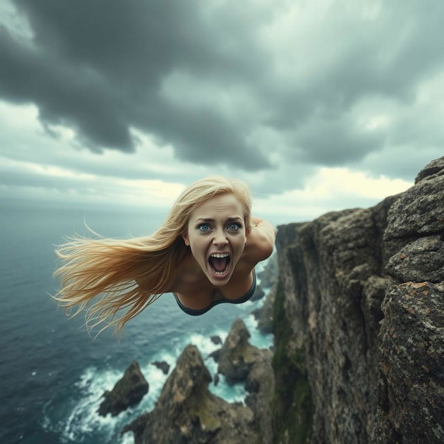 A dramatic scene of a beautiful blonde woman with long flowing hair, plummeting off a high cliff toward jagged rocks below