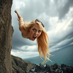 A dramatic scene of a beautiful blonde woman with long flowing hair, plummeting off a high cliff toward jagged rocks below