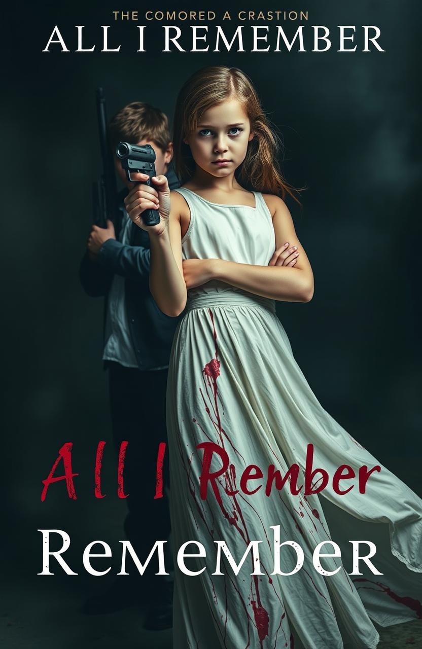 A dramatic scene featuring a girl in a flowing white dress splattered with blood, holding a gun confidently