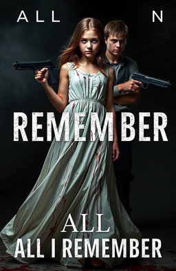 A dramatic scene featuring a girl in a flowing white dress splattered with blood, holding a gun confidently