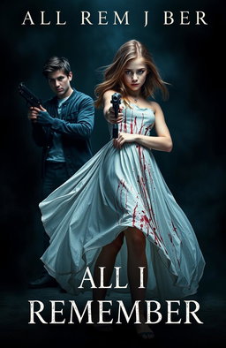 A dramatic scene featuring a girl in a flowing white dress splattered with blood, holding a gun confidently