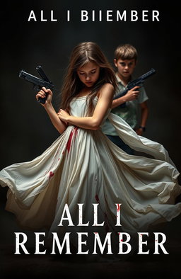 A dramatic scene featuring a girl in a flowing white dress splattered with blood, holding a gun confidently