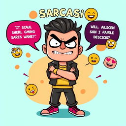 An engaging and witty visual representation of sarcasm, featuring a character with an exaggerated sarcastic expression, arms crossed with a sly smirk, standing in a vibrant, cartoonish setting