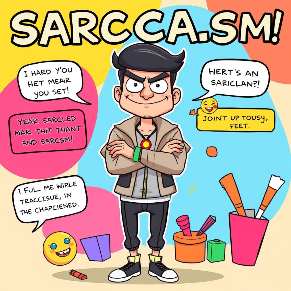 An engaging and witty visual representation of sarcasm, featuring a character with an exaggerated sarcastic expression, arms crossed with a sly smirk, standing in a vibrant, cartoonish setting