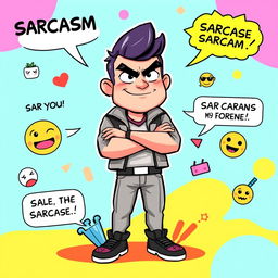 An engaging and witty visual representation of sarcasm, featuring a character with an exaggerated sarcastic expression, arms crossed with a sly smirk, standing in a vibrant, cartoonish setting
