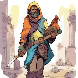 A vivid, high-quality comic-style illustration depicts a homeless vagrant as a fantasy DnD fighter