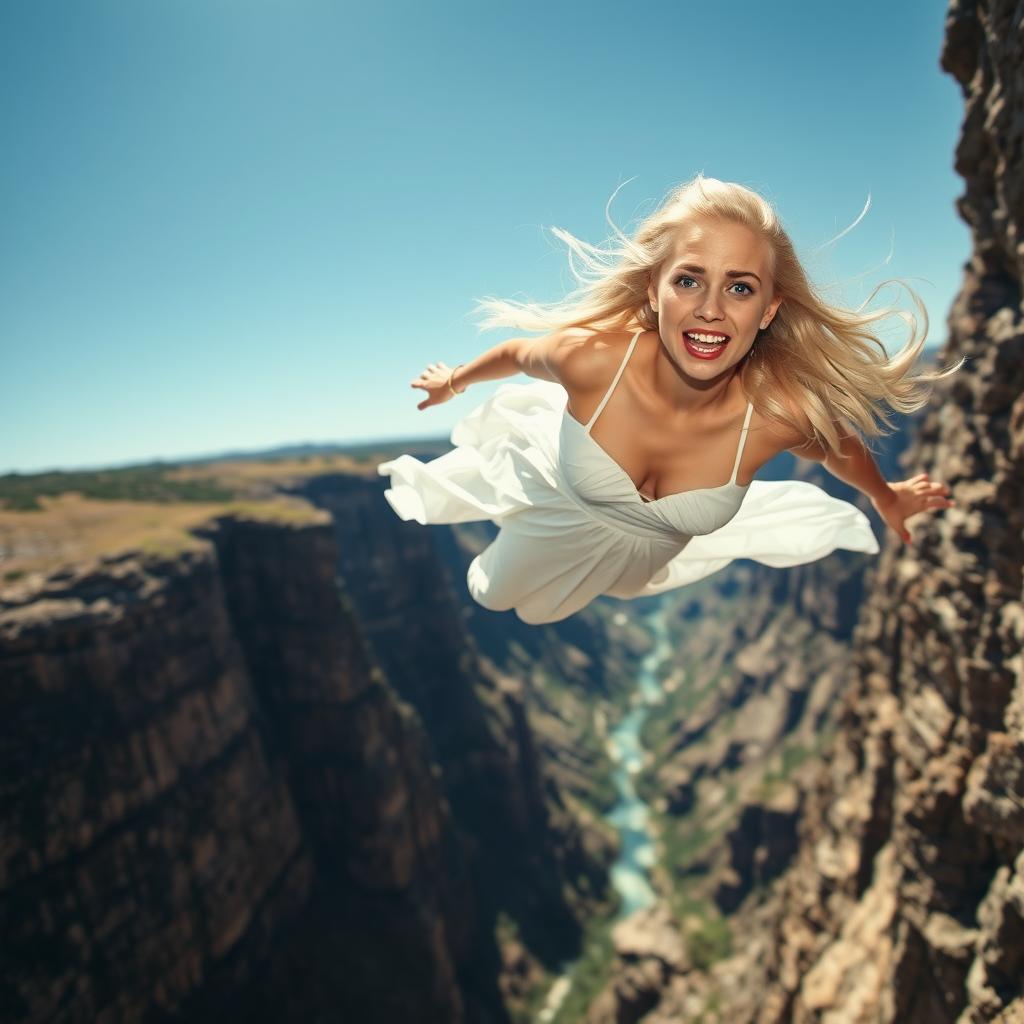 A beautiful blonde woman with flowing hair, wearing a flowing white dress, plummeting off a cliff towards jagged rocks below