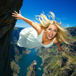 A beautiful blonde woman with flowing hair, wearing a flowing white dress, plummeting off a cliff towards jagged rocks below
