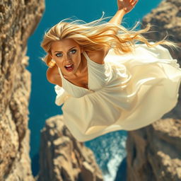 A beautiful blonde woman with flowing hair, wearing a flowing white dress, plummeting off a cliff towards jagged rocks below