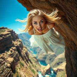 A beautiful blonde woman with flowing hair, wearing a flowing white dress, plummeting off a cliff towards jagged rocks below