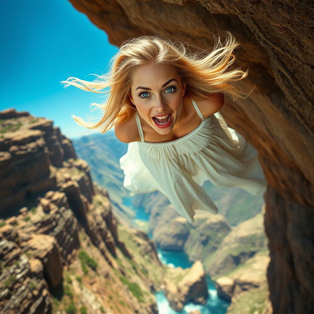 A beautiful blonde woman with flowing hair, wearing a flowing white dress, plummeting off a cliff towards jagged rocks below