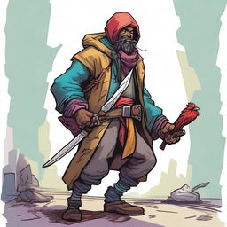 A vivid, high-quality comic-style illustration depicts a homeless vagrant as a fantasy DnD fighter