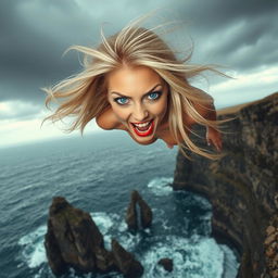 A beautiful blonde woman with striking blue eyes and vibrant red lips, plummeting off a steep cliff
