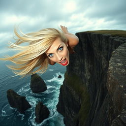 A beautiful blonde woman with striking blue eyes and vibrant red lips, plummeting off a steep cliff