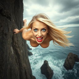 A beautiful blonde woman with striking blue eyes and vibrant red lips, plummeting off a steep cliff