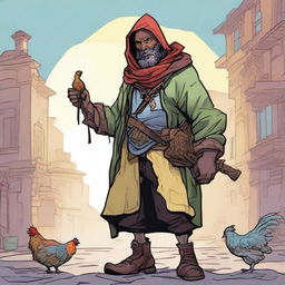 A vivid, high-quality comic-style illustration depicts a homeless vagrant as a fantasy DnD fighter