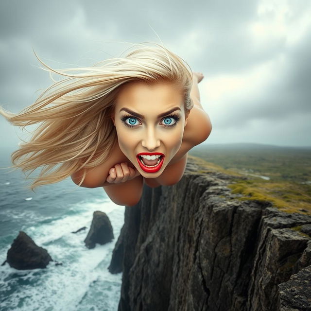 A beautiful blonde woman with striking blue eyes and vibrant red lips, plummeting off a steep cliff