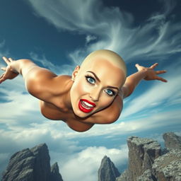 A beautiful bald woman with striking blue eyes and vivid red lips, falling off a cliff towards jagged rocks below