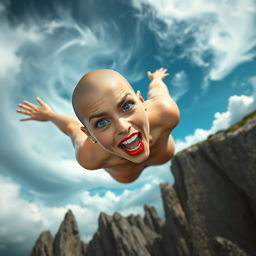 A beautiful bald woman with striking blue eyes and vivid red lips, falling off a cliff towards jagged rocks below