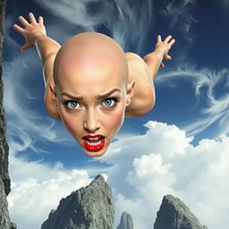 A beautiful bald woman with striking blue eyes and vivid red lips, falling off a cliff towards jagged rocks below