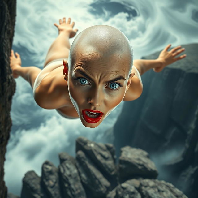 A beautiful bald woman with striking blue eyes and vivid red lips, falling off a cliff towards jagged rocks below