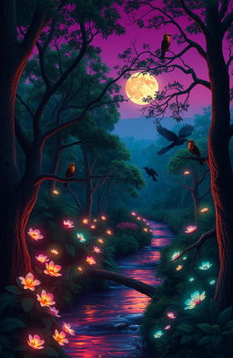 A magical forest scene at dusk, with vibrant bioluminescent flowers casting a soft glow