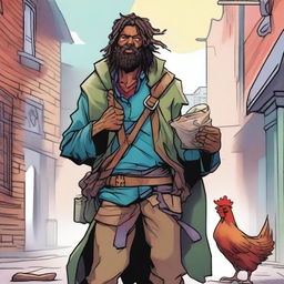 A vivid, high-quality comic-style illustration depicts a homeless vagrant as a fantasy DnD fighter