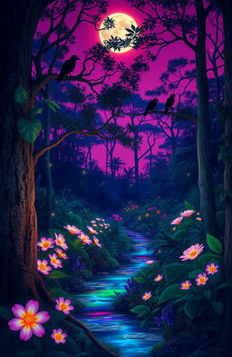 A magical forest scene at dusk, with vibrant bioluminescent flowers casting a soft glow