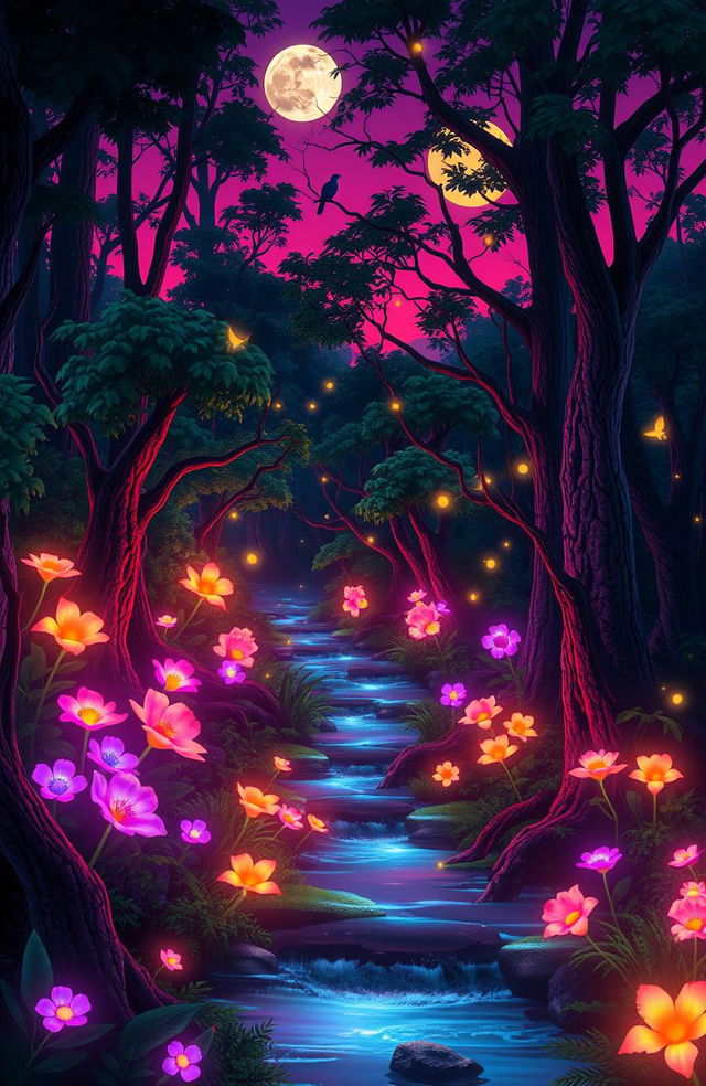 A magical forest scene at dusk, with vibrant bioluminescent flowers casting a soft glow