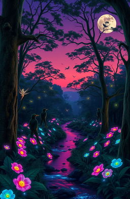 A magical forest scene at dusk, with vibrant bioluminescent flowers casting a soft glow
