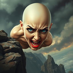 A beautiful bald woman with striking blue eyes and vibrant red lips, depicted in a moment of sheer panic as she plummets off a cliff towards jagged rocks below