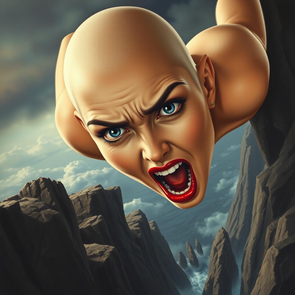 A beautiful bald woman with striking blue eyes and vibrant red lips, depicted in a moment of sheer panic as she plummets off a cliff towards jagged rocks below