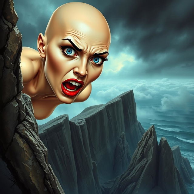 A beautiful bald woman with striking blue eyes and vibrant red lips, depicted in a moment of sheer panic as she plummets off a cliff towards jagged rocks below