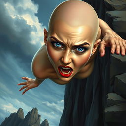 A beautiful bald woman with striking blue eyes and vibrant red lips, depicted in a moment of sheer panic as she plummets off a cliff towards jagged rocks below