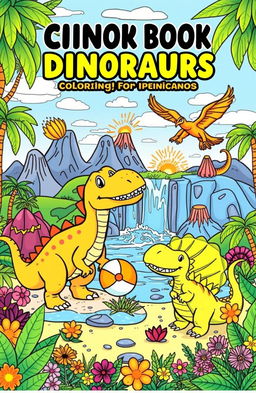 A whimsical and imaginative coloring book illustration featuring a group of friendly dinosaurs engaging in various fun activities in a vibrant prehistoric setting