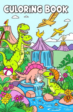A whimsical and imaginative coloring book illustration featuring a group of friendly dinosaurs engaging in various fun activities in a vibrant prehistoric setting