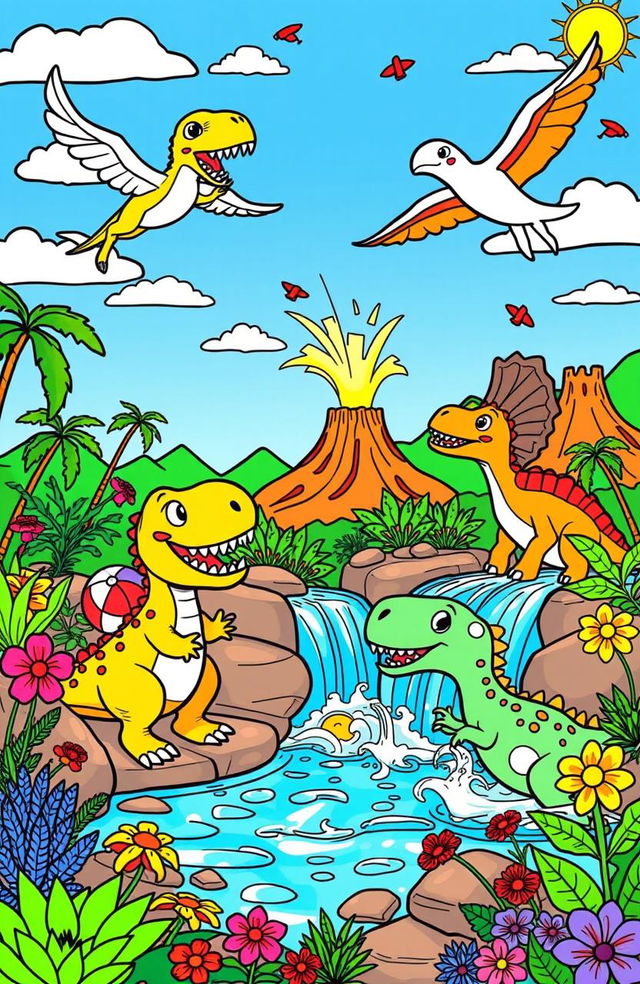 A whimsical and imaginative coloring book illustration featuring a group of friendly dinosaurs engaging in various fun activities in a vibrant prehistoric setting