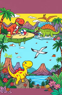 A whimsical and imaginative coloring book illustration featuring a group of friendly dinosaurs engaging in various fun activities in a vibrant prehistoric setting