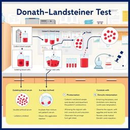 An educational and artistic illustration of the Donath-Landsteiner Test, depicting a detailed step-by-step procedure